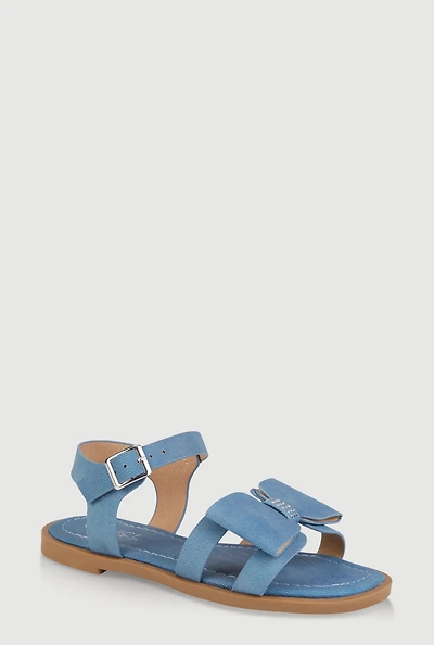 Girls Faux Leather Bow Band Ankle Strap Sandals