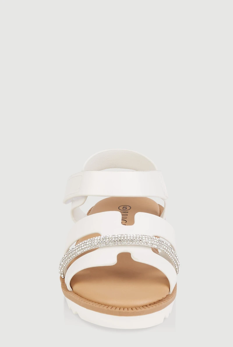 Womens Toddler Girls Rhinestone Detail H Band Sandals, White,