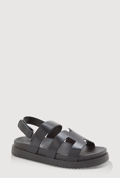 Womens Girls Faux Leather H Band Velcro Strap Footbed Sandals, Black, Size 12