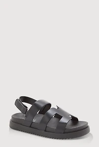 Womens Girls Faux Leather H Band Velcro Strap Footbed Sandals, Black, Size 12
