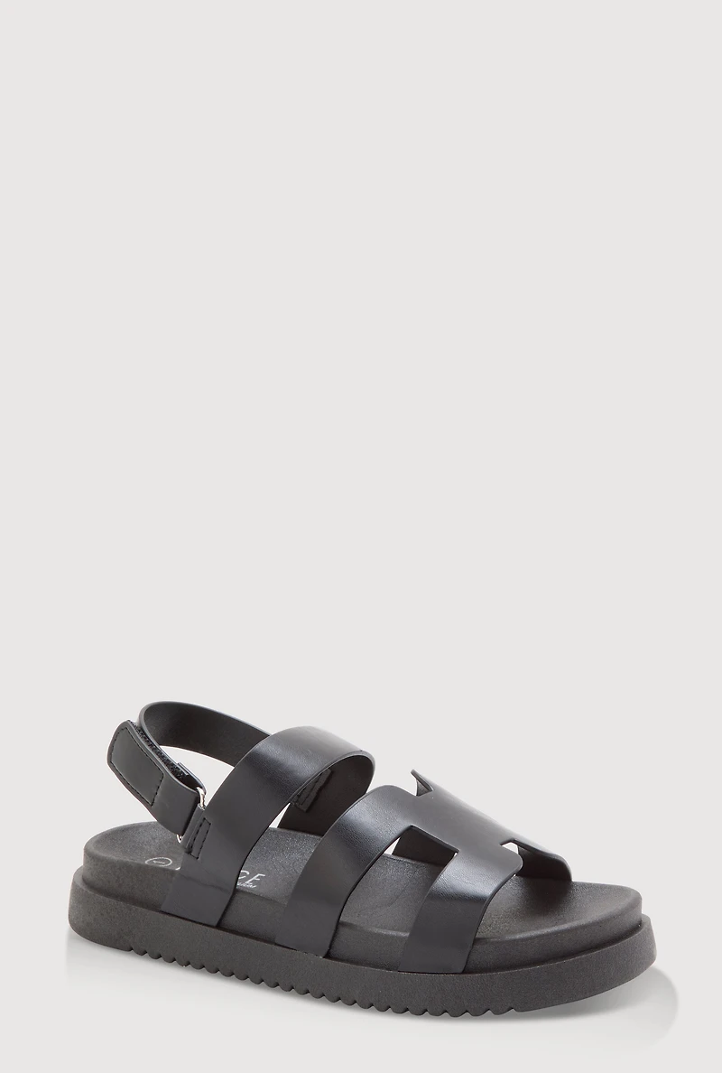 Womens Girls Faux Leather H Band Velcro Strap Footbed Sandals,