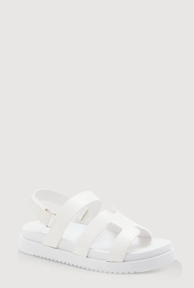 Womens Girls Faux Leather H Band Velcro Strap Footbed Sandals, White, Size 1