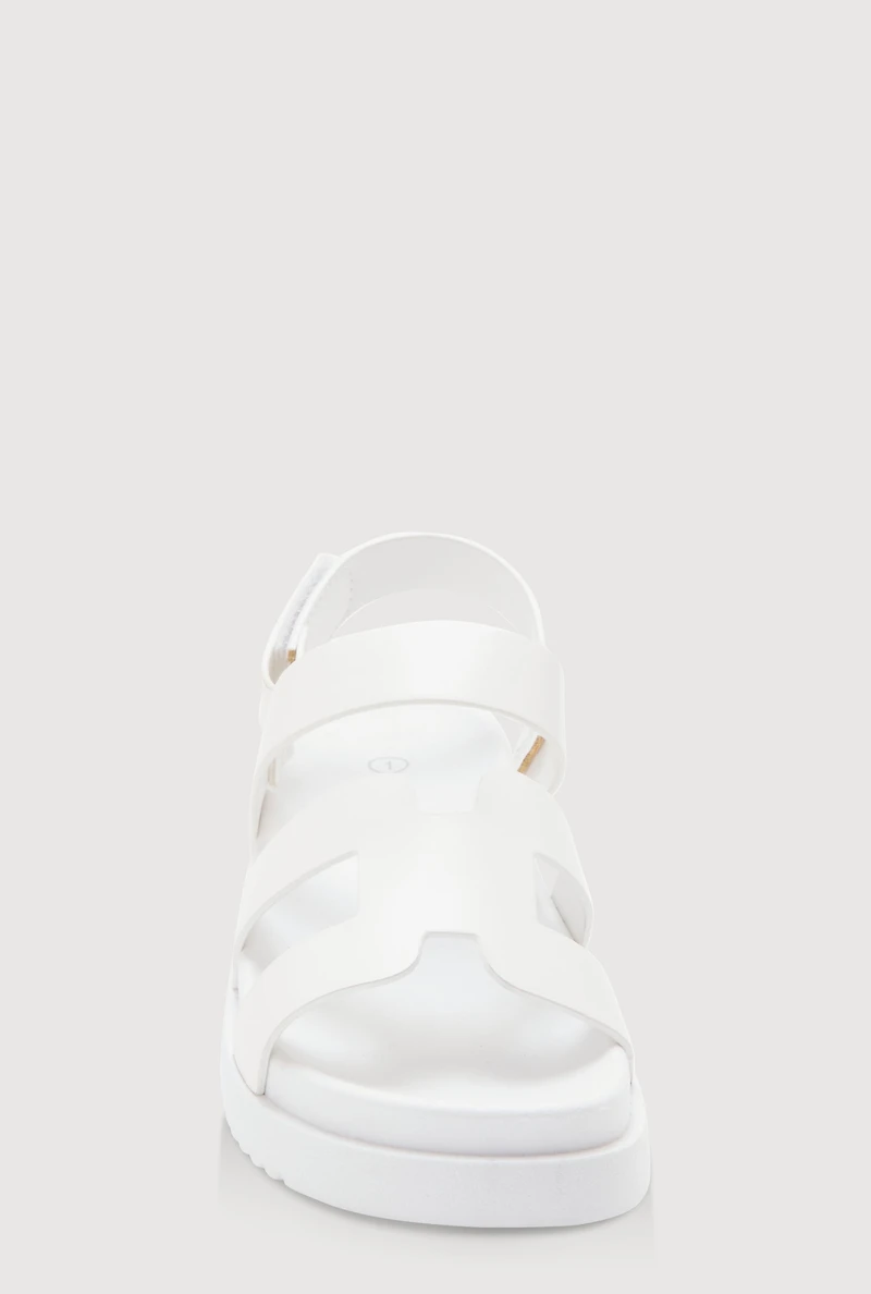 Womens Girls Faux Leather H Band Velcro Strap Footbed Sandals, White, Size 11
