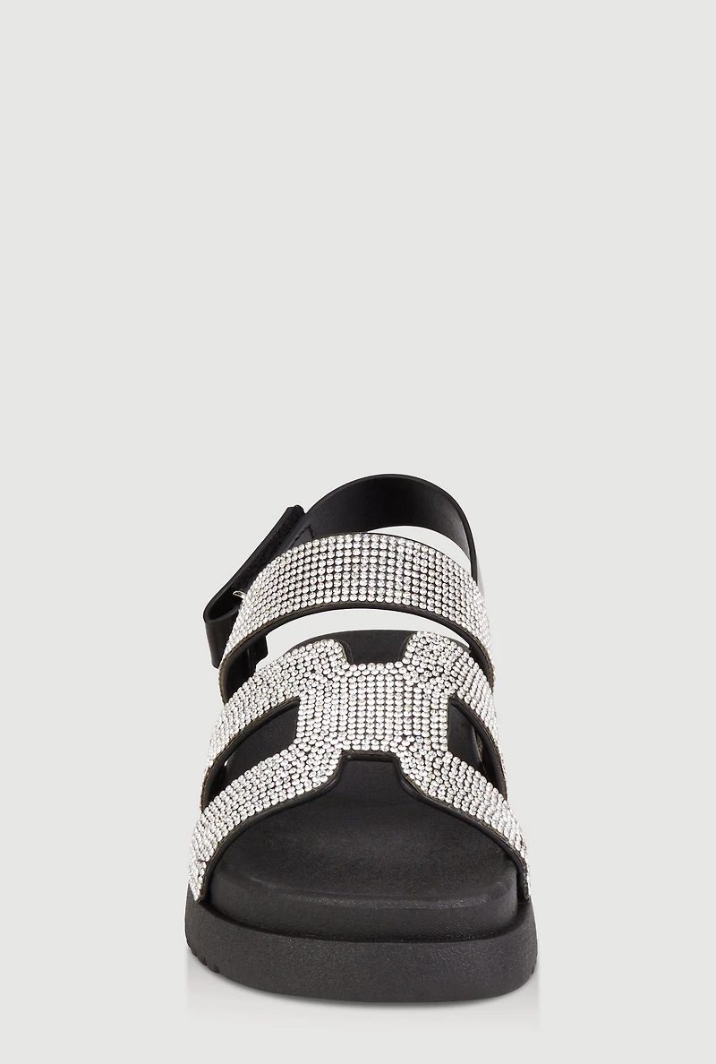 Womens Girls Rhinestone H Band Velcro Strap Sandals, 12