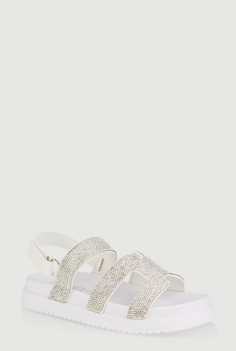 Womens Girls Rhinestone H Band Velcro Strap Sandals, White,
