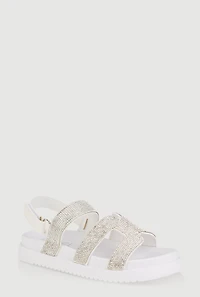 Womens Girls Rhinestone H Band Velcro Strap Sandals, White,