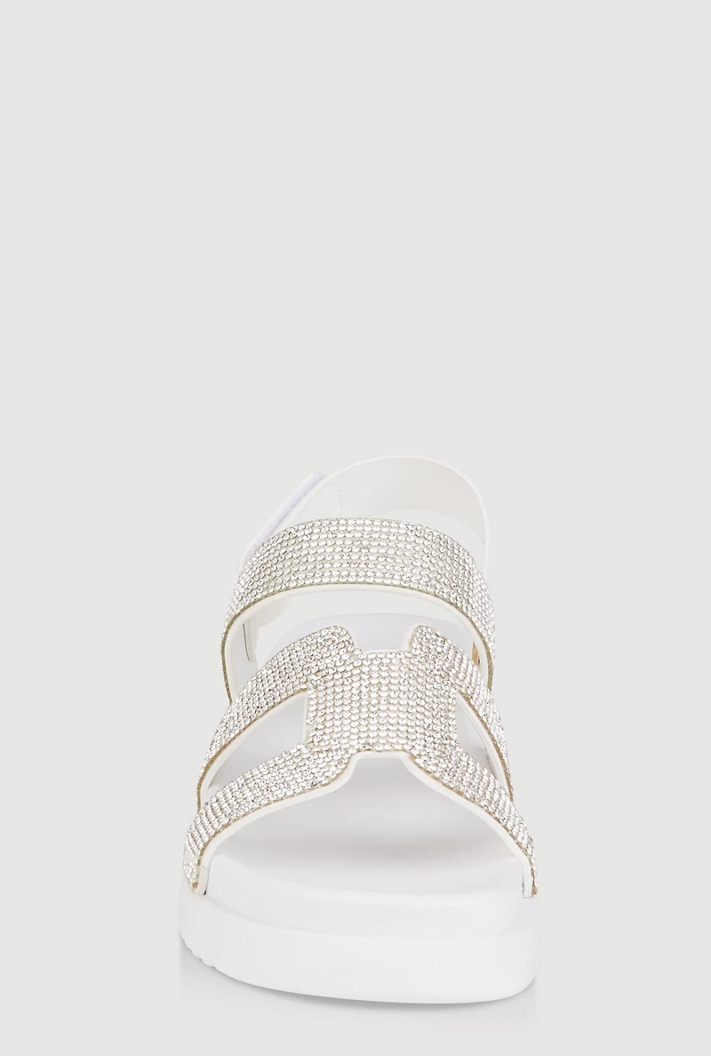 Womens Girls Rhinestone H Band Velcro Strap Sandals, White,