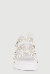 Womens Girls Rhinestone H Band Velcro Strap Sandals, White,