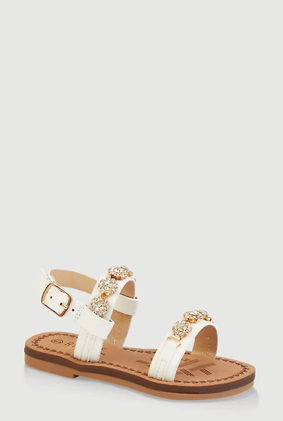 Womens Toddler Girls Embellished Rhinestone Flower Band Sandals, White, Size 8