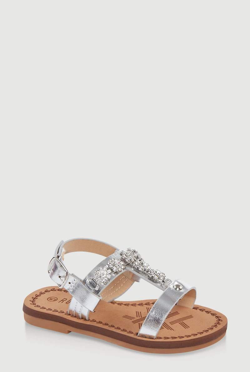 Womens Toddler Girls Flower Rhinestone Studded Buckle Strap Sandals, Silver,