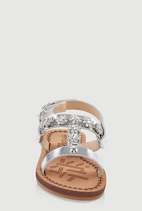 Womens Toddler Girls Flower Rhinestone Studded Buckle Strap Sandals, Silver,