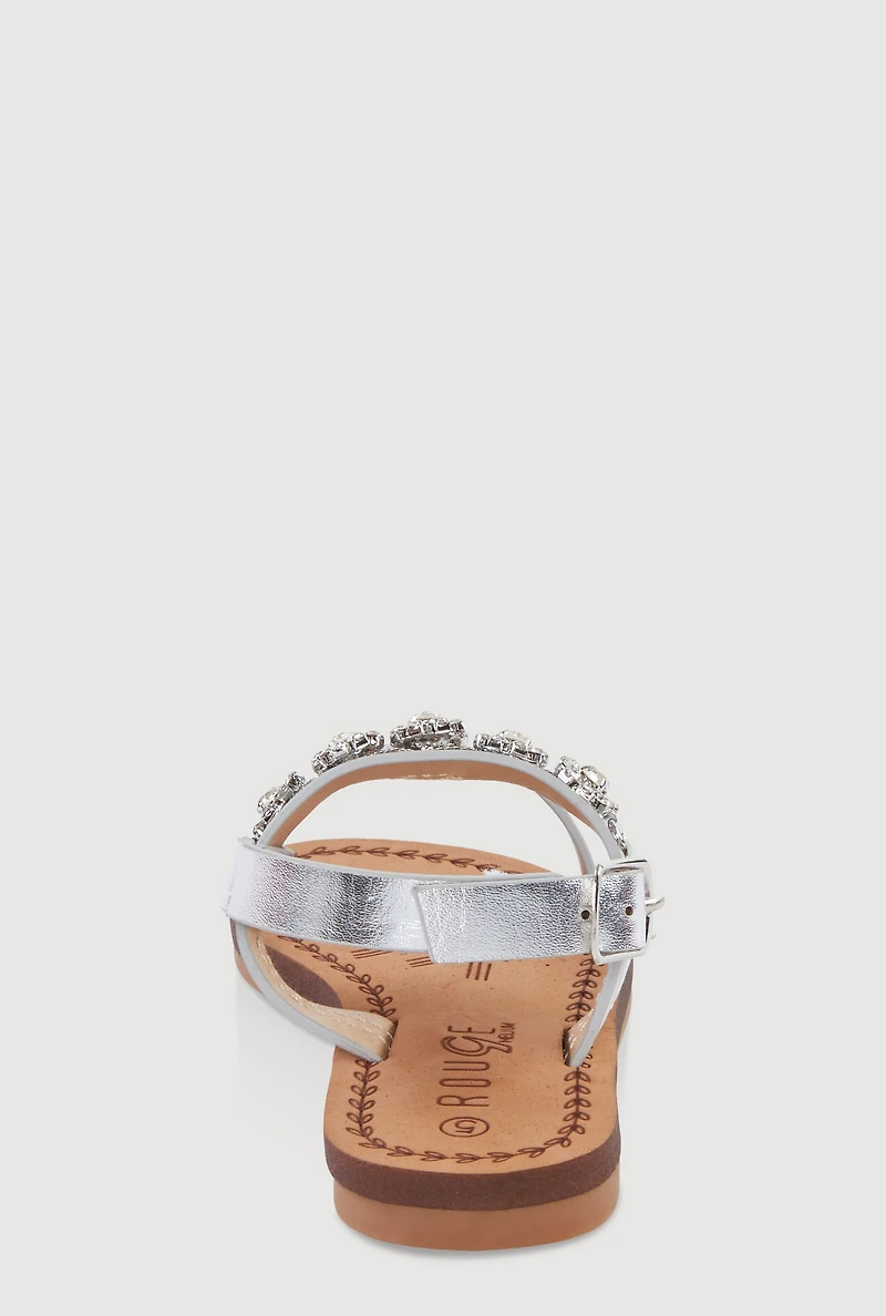 Womens Toddler Girls Flower Rhinestone Studded Buckle Strap Sandals, Silver,