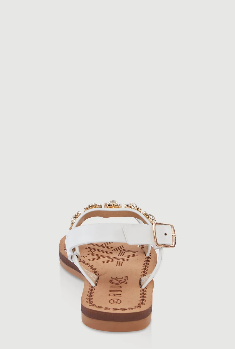 Womens Toddler Girls Flower Rhinestone Studded Buckle Strap Sandals, White, Size 5