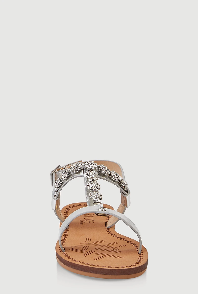 Womens Girls Flower Embellished Rhinestone Sandals, Silver,
