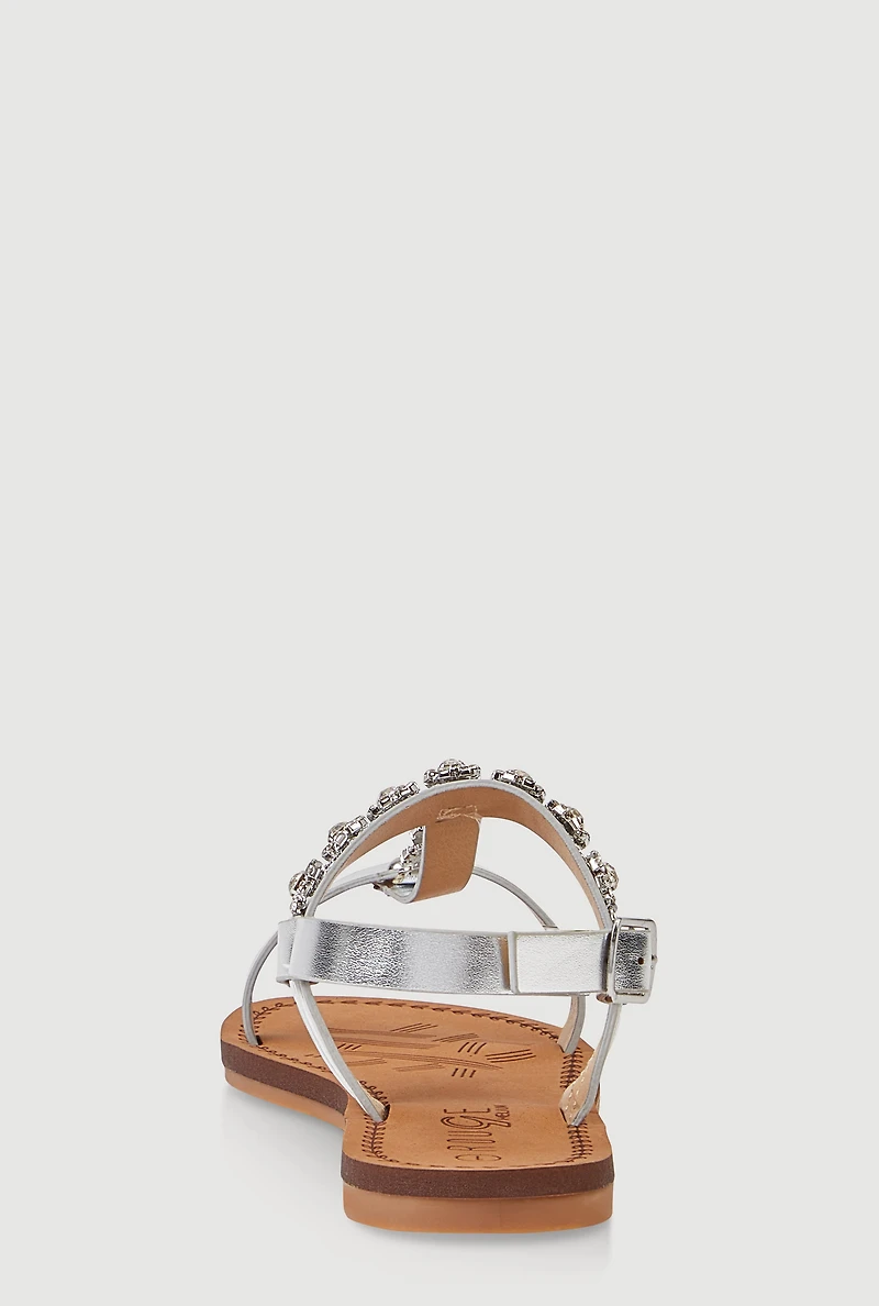 Womens Girls Flower Embellished Rhinestone Sandals, Silver, Size 13