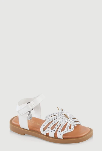 Womens Toddler Girls Rhinestone Butterfly Ankle Strap Sandals, White, Size 9