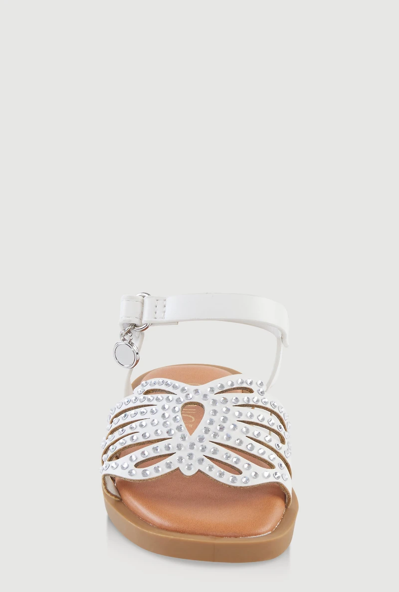 Womens Toddler Girls Rhinestone Butterfly Ankle Strap Sandals, White, Size 9