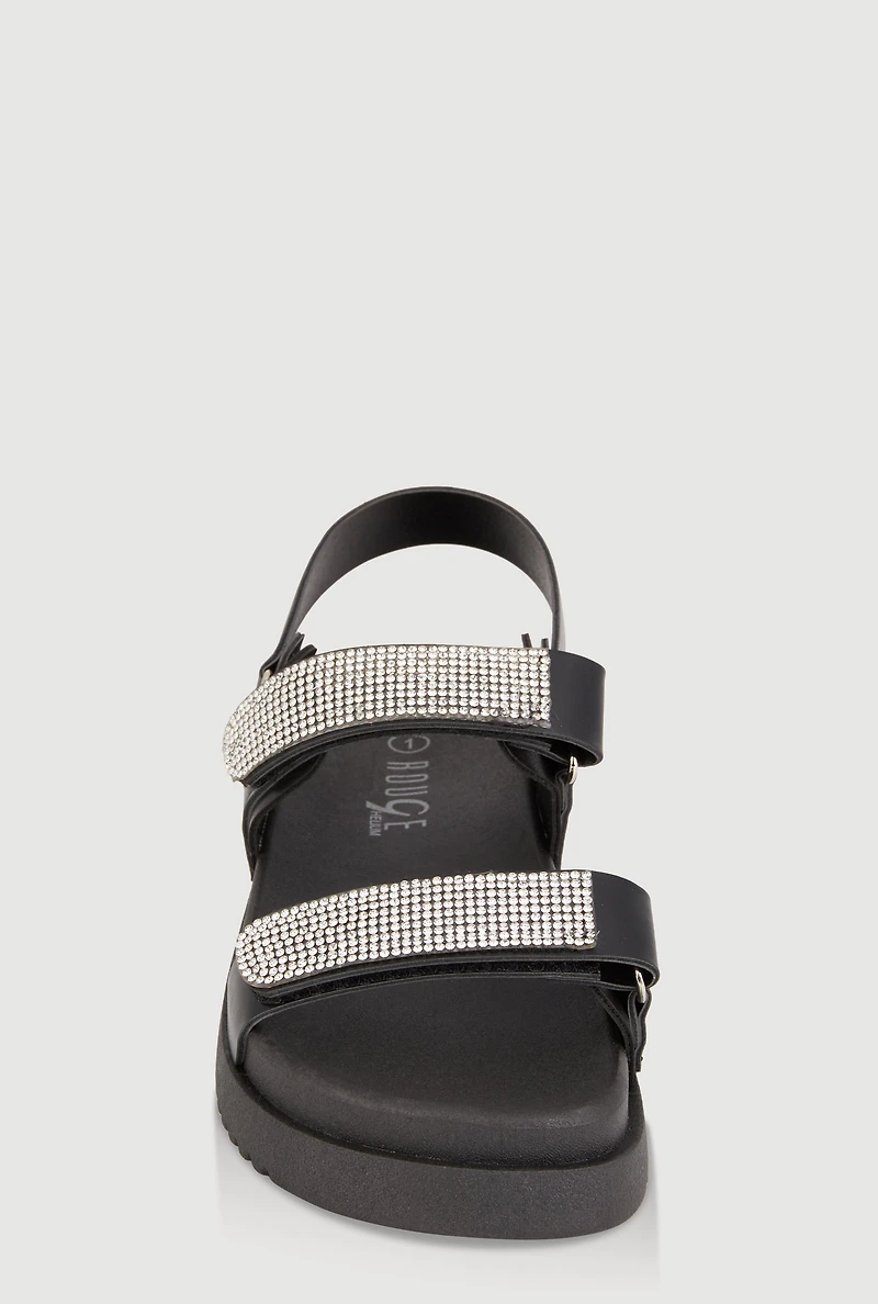 Womens Girls Rhinestone Double Velcro Strap Sandals, Black, Size 12