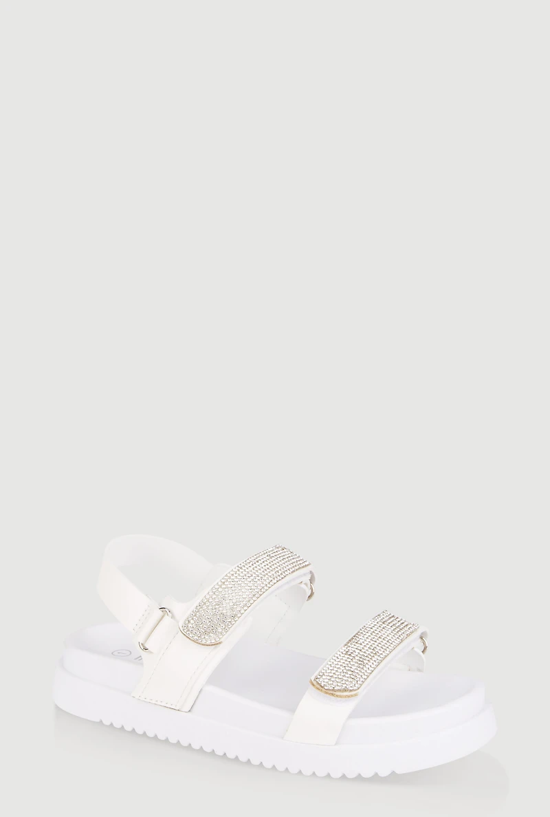Womens Girls Rhinestone Double Velcro Strap Sandals, White,