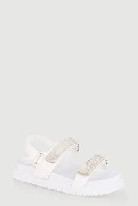 Womens Girls Rhinestone Double Velcro Strap Sandals, White,