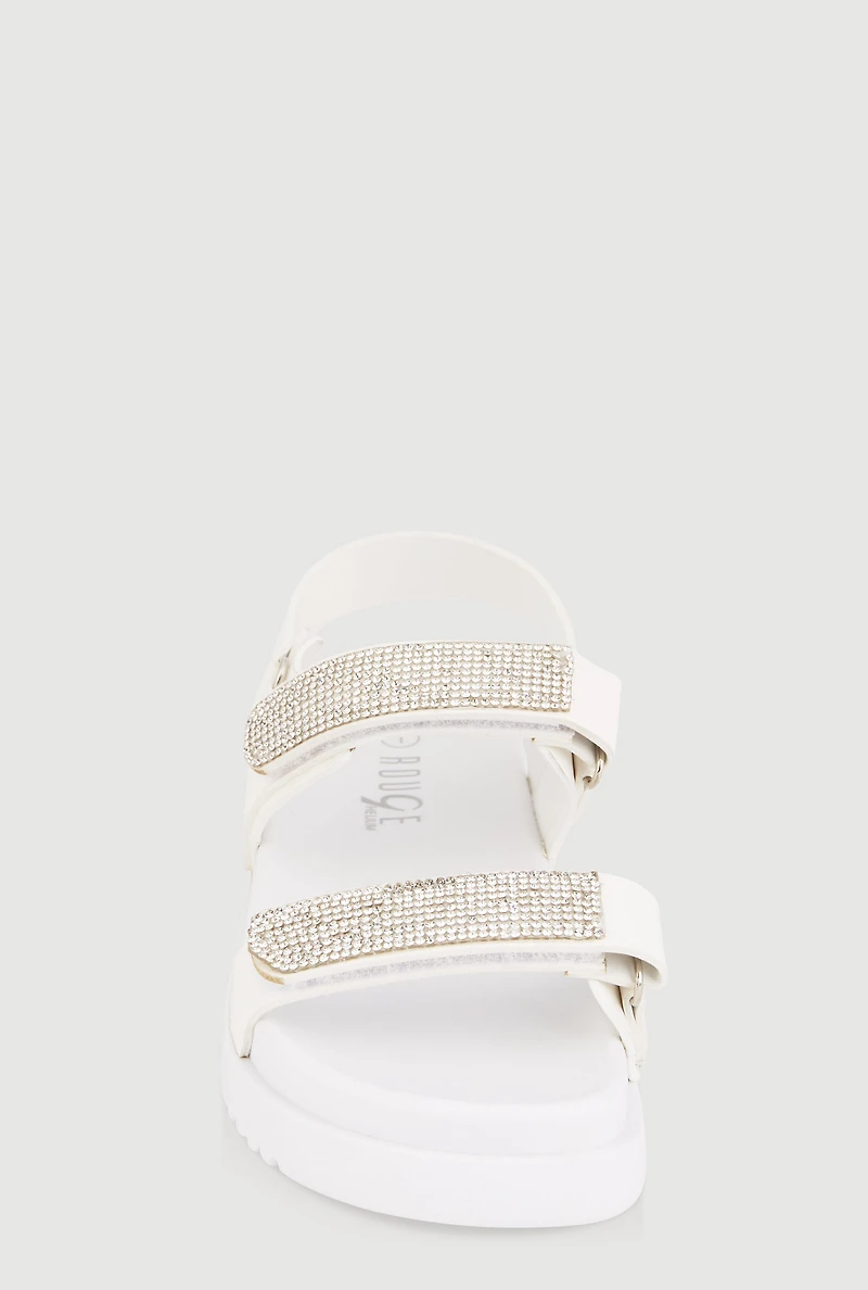 Womens Girls Rhinestone Double Velcro Strap Sandals, White,