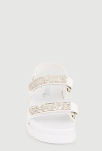 Womens Girls Rhinestone Double Velcro Strap Sandals, White,