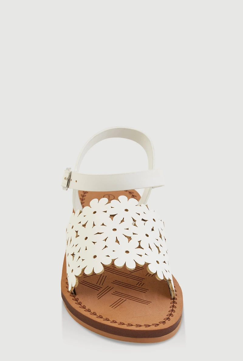Womens Girls Flower Cut Out Band Sandals, White,