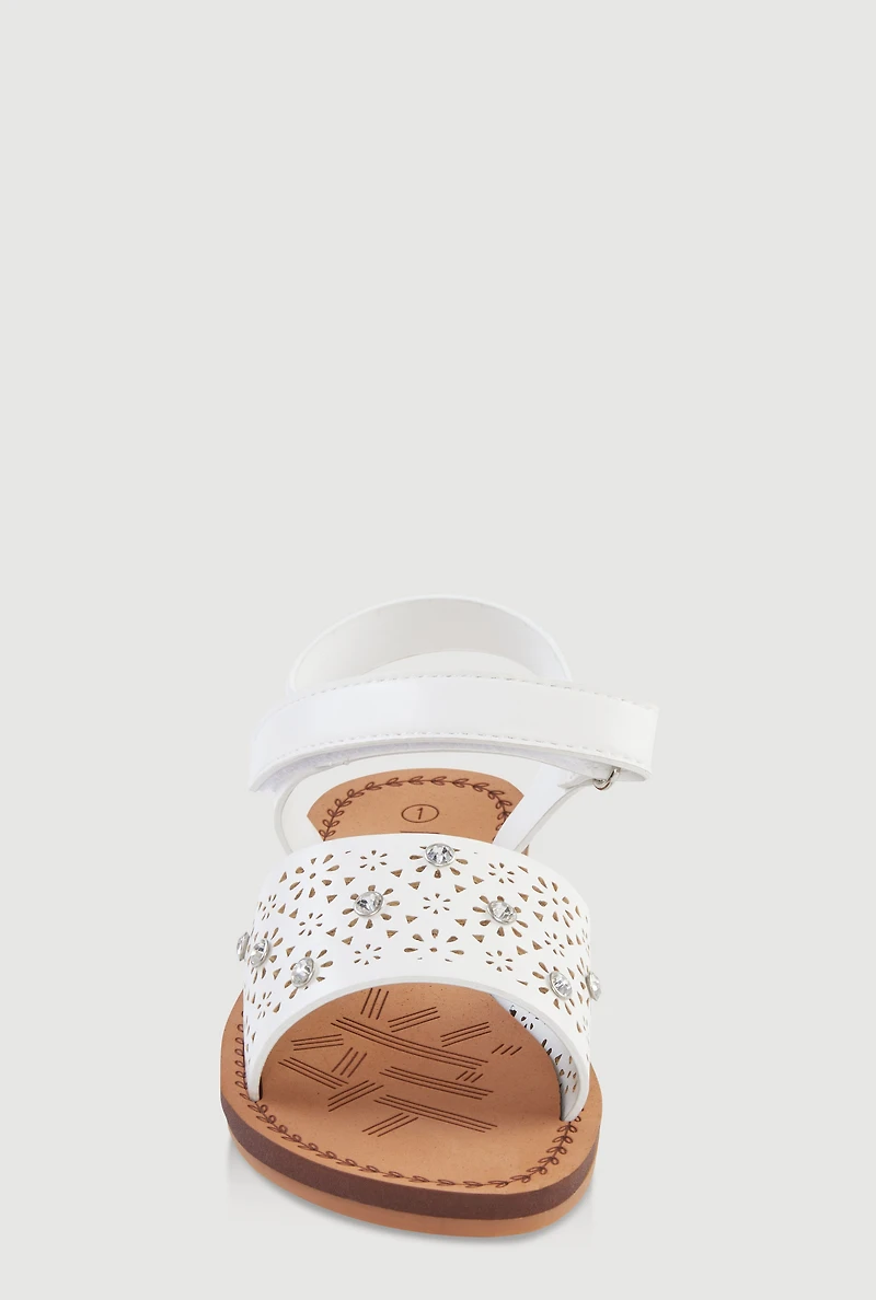 Womens Girls Crochet Band Velcro Ankle Strap Sandals, White,