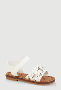 Womens Toddler Girls Eyelet Rhinestone Band Velcro Strap Sandals, White,