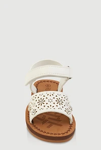 Womens Toddler Girls Eyelet Rhinestone Band Velcro Strap Sandals, White,