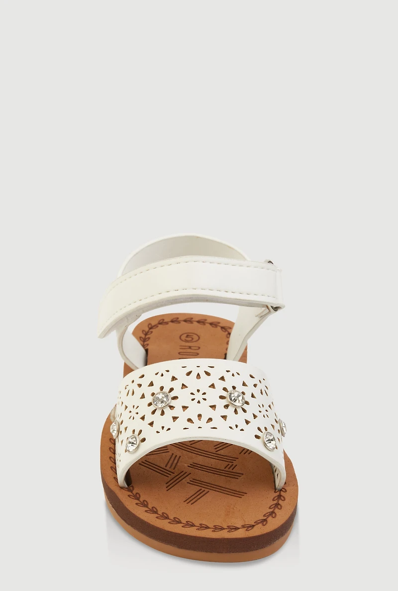 Womens Toddler Girls Eyelet Rhinestone Band Velcro Strap Sandals, White,