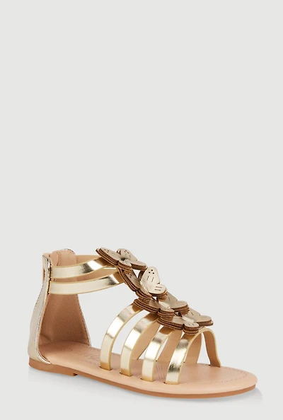 Womens Girls Butterfly Zip Back Gladiator Sandals, Gold, Size 3