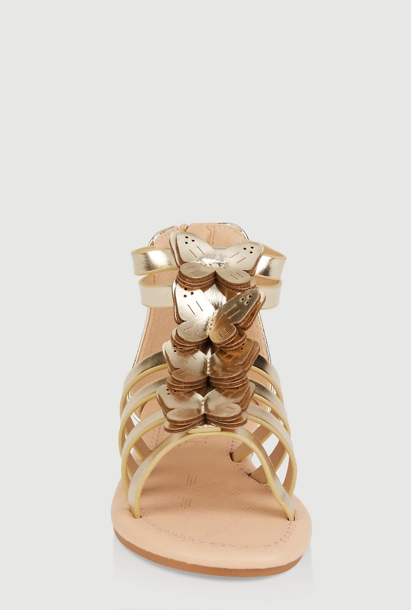 Womens Girls Butterfly Zip Back Gladiator Sandals, Gold, Size 3