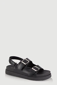 Womens Girls Double Buckle Band Footbed Sandals, Black, Size 2