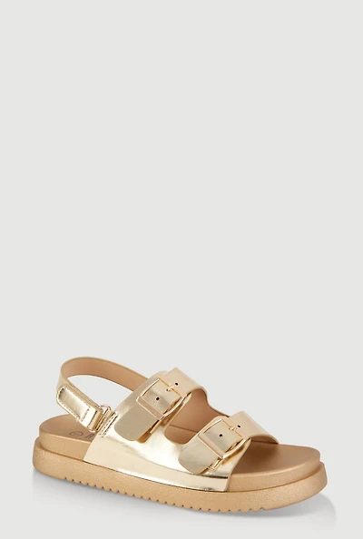 Womens Girls Double Buckle Band Footbed Sandals, Gold,