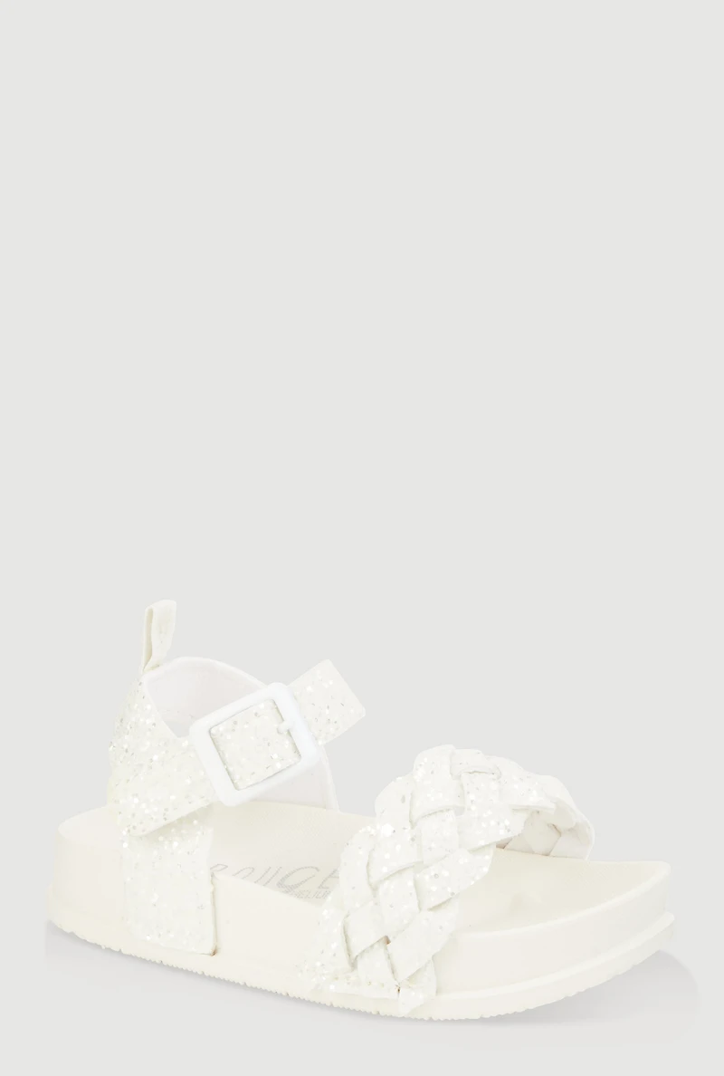 Womens Toddler Girls Glitter Braided Band Velcro Strap Sandals, White, Size 9