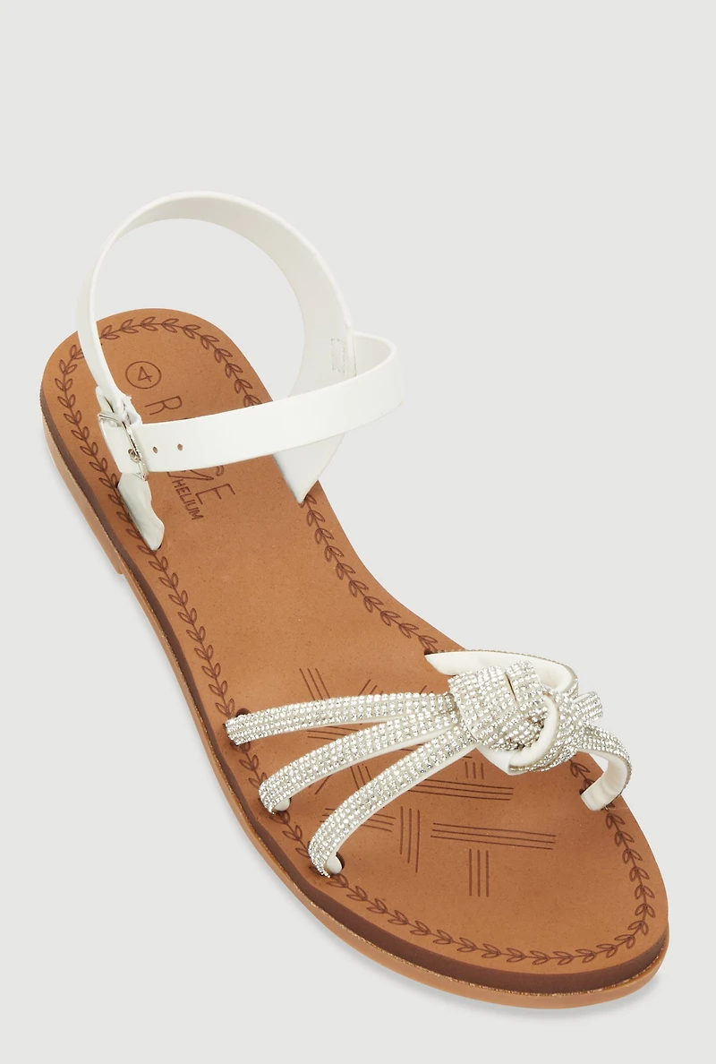 Womens Girls Rhinestone Studded Twist Band Ankle Strap Sandals, White, Size 3