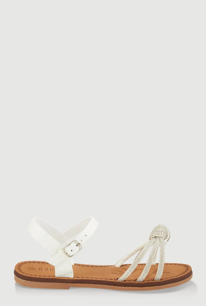 Womens Girls Rhinestone Studded Twist Band Ankle Strap Sandals, White, Size 3