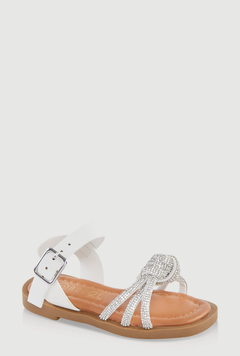 Womens Toddler Girls Rhinestone Studded Knot Band Ankle Strap Sandals, White,