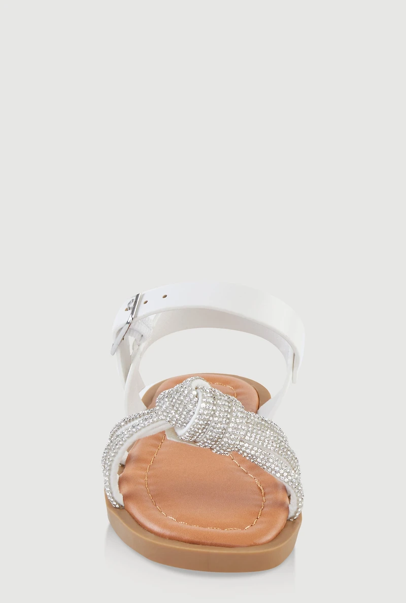 Womens Toddler Girls Rhinestone Studded Knot Band Ankle Strap Sandals, White,