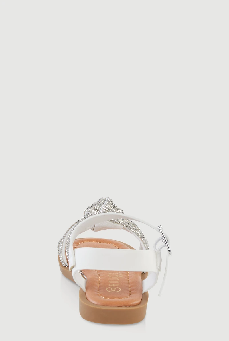 Womens Toddler Girls Rhinestone Studded Knot Band Ankle Strap Sandals, White,