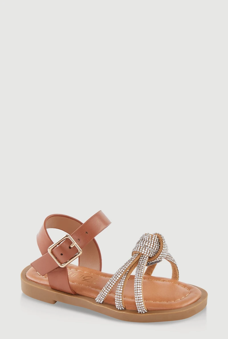 Womens Toddler Girls Rhinestone Studded Knot Band Ankle Strap Sandals, Brown, Size 9