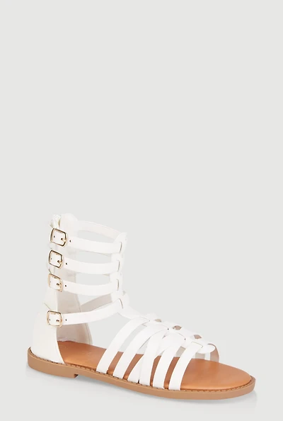 Womens Girls Buckle Strap Zip Back Gladiator Sandals, White,