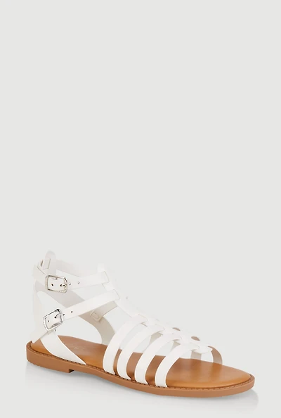 Womens Girls Double Buckle Gladiator Sandals, White, Size 13