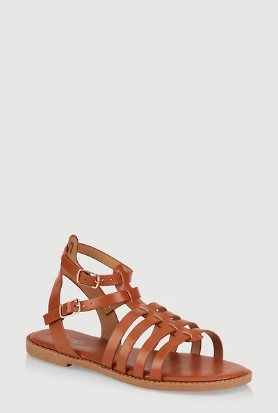 Womens Girls Double Buckle Gladiator Sandals, Brown,