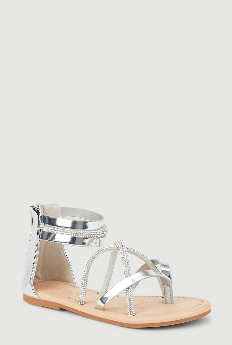 Girls Rhinestone Strappy Zip Back Thong Sandals