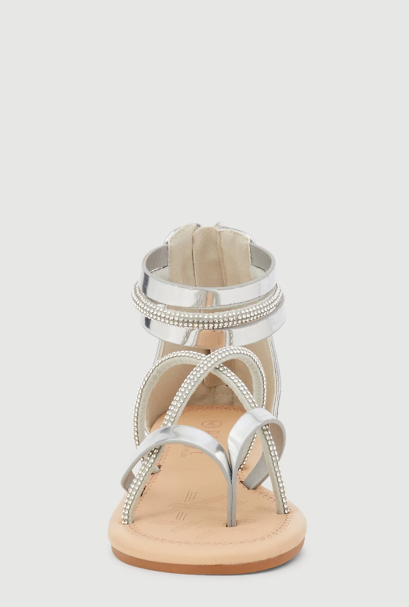 Girls Rhinestone Strappy Zip Back Thong Sandals