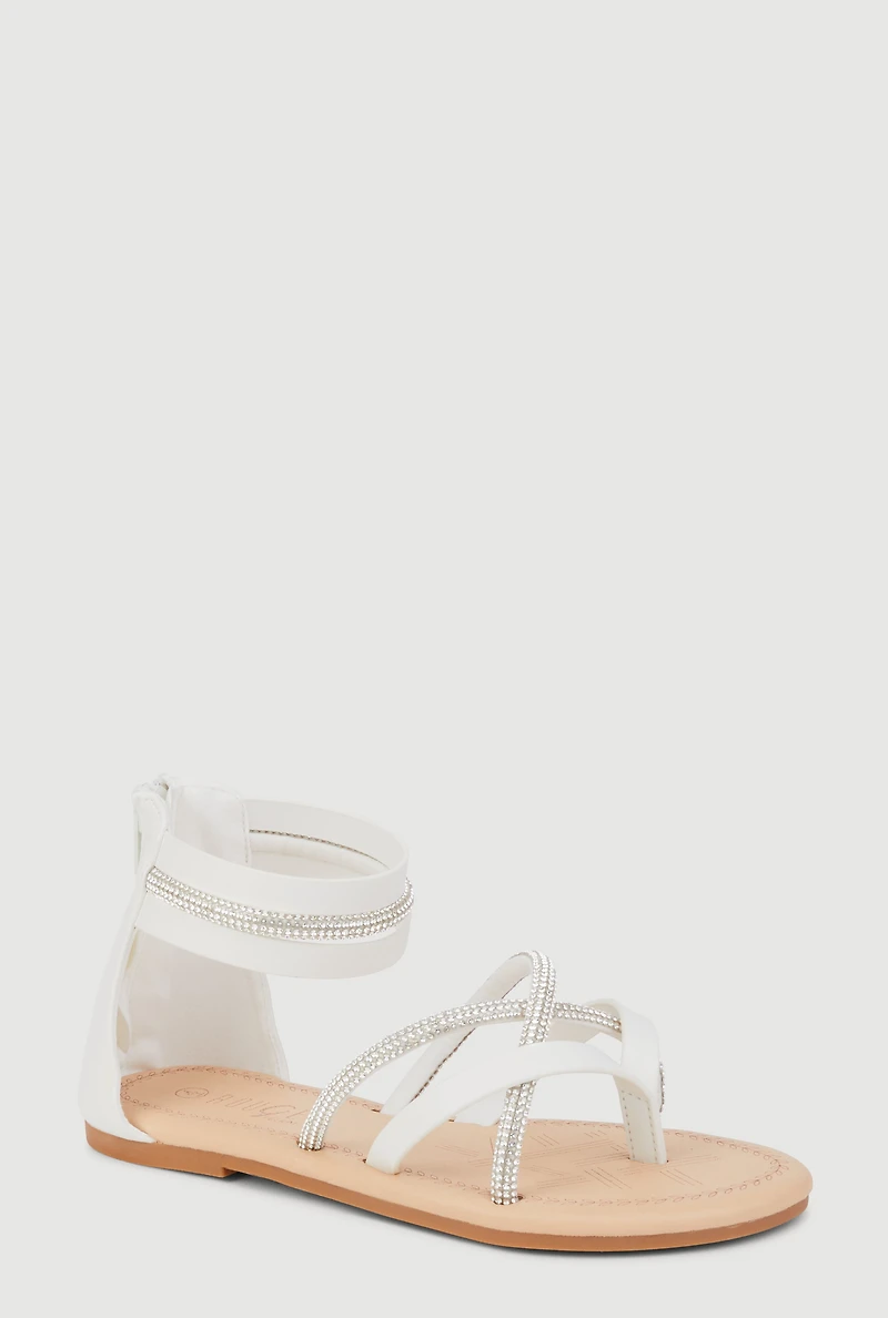 Womens Girls Rhinestone Strappy Zip Back Thong Sandals, White,