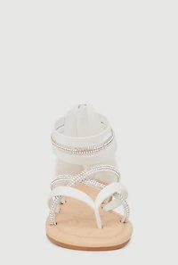 Womens Girls Rhinestone Strappy Zip Back Thong Sandals, White,