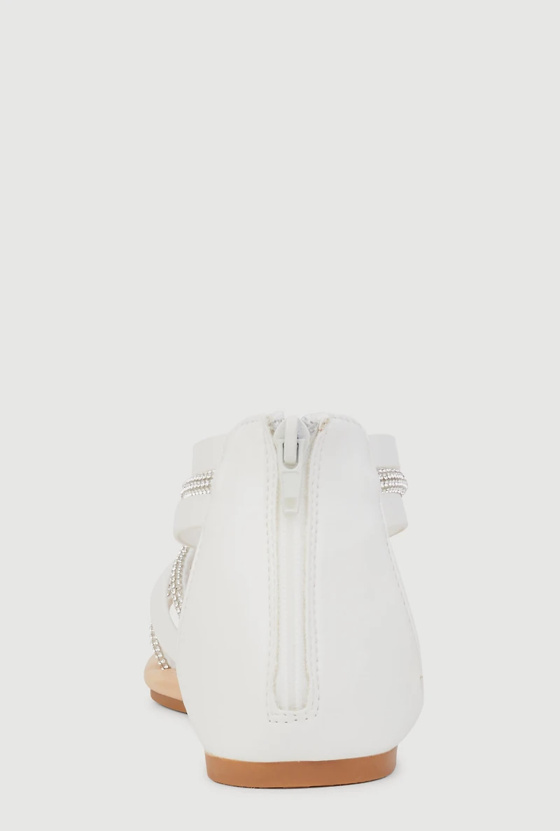 Womens Girls Rhinestone Strappy Zip Back Thong Sandals, White,